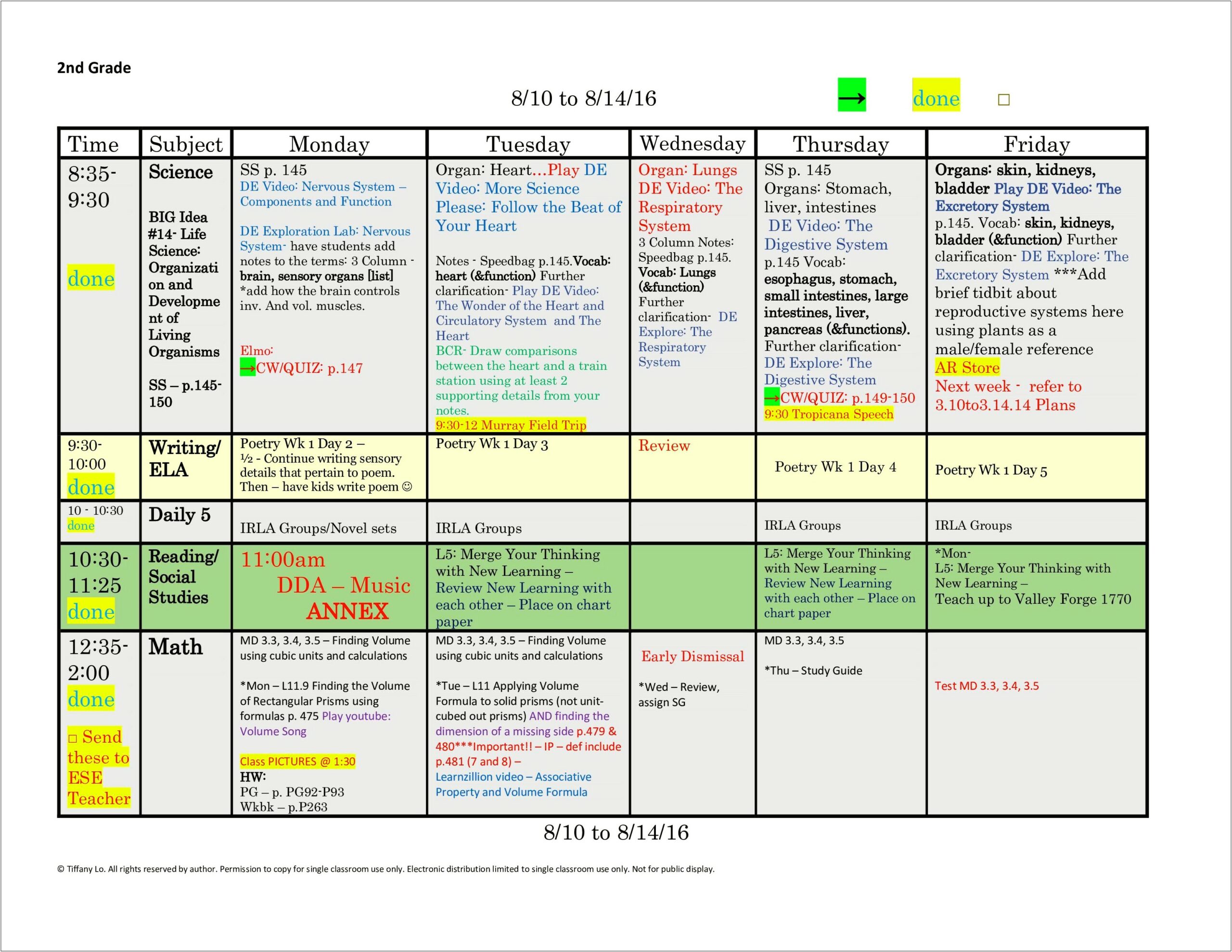 2nd Grade Weekly Lesson Plan Template