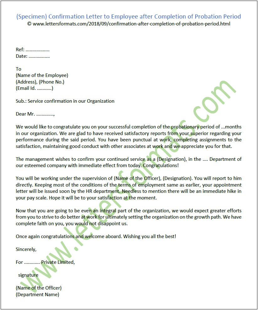 3 Month Probation Review Letter Template