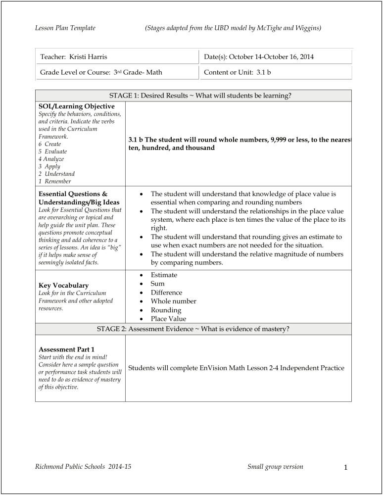 3 Part Lesson Plan Template Math