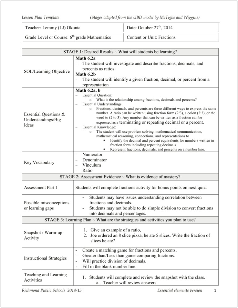 3 Part Math Lesson Plan Template