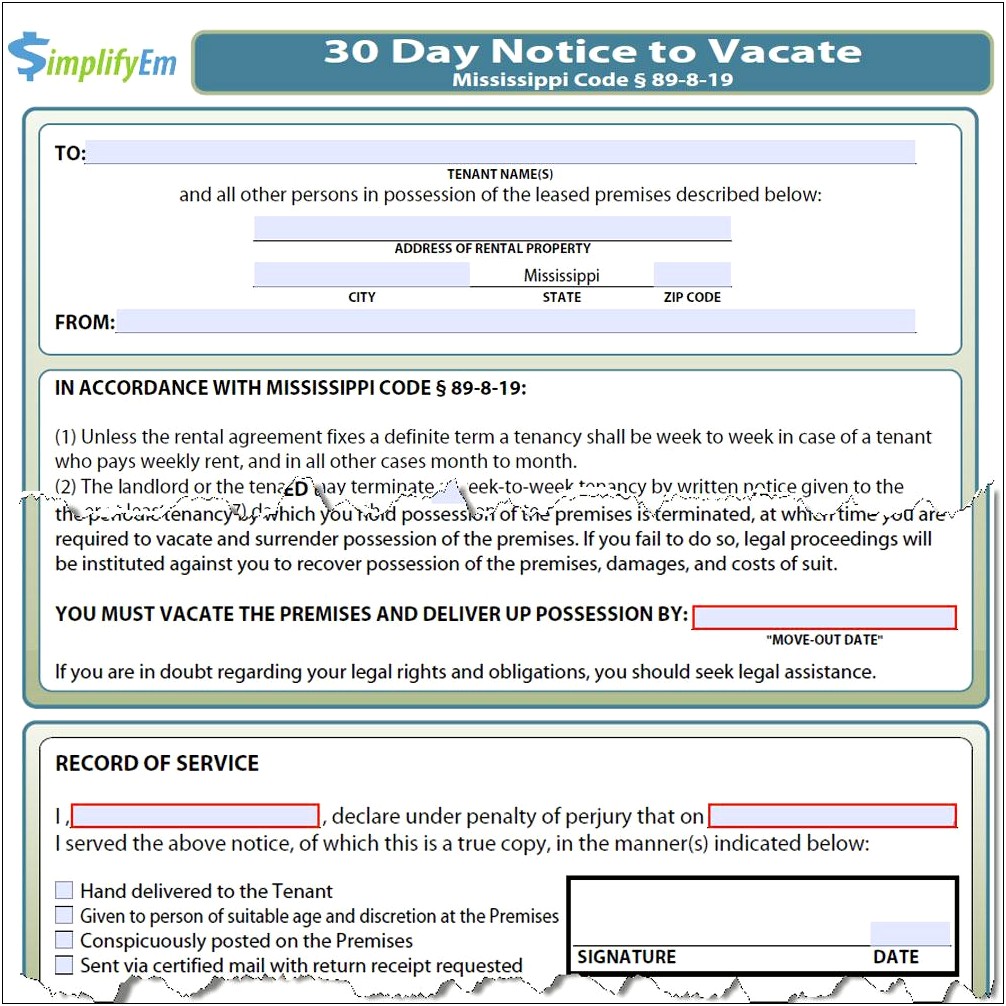 30 Day Move Out Notice Letter Template