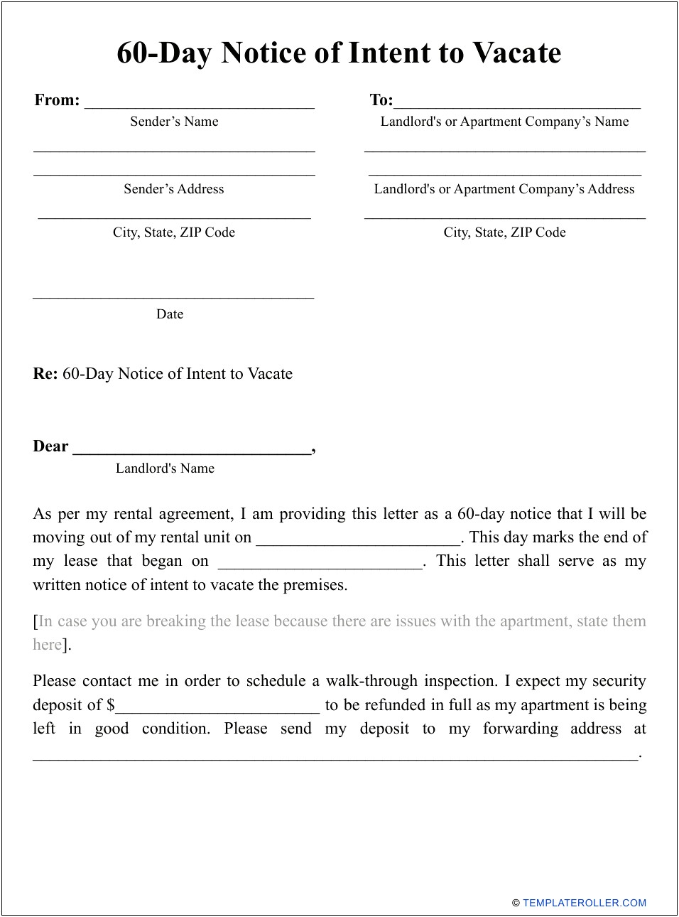 30 Day Notice Letter To Landlord Template Pdf