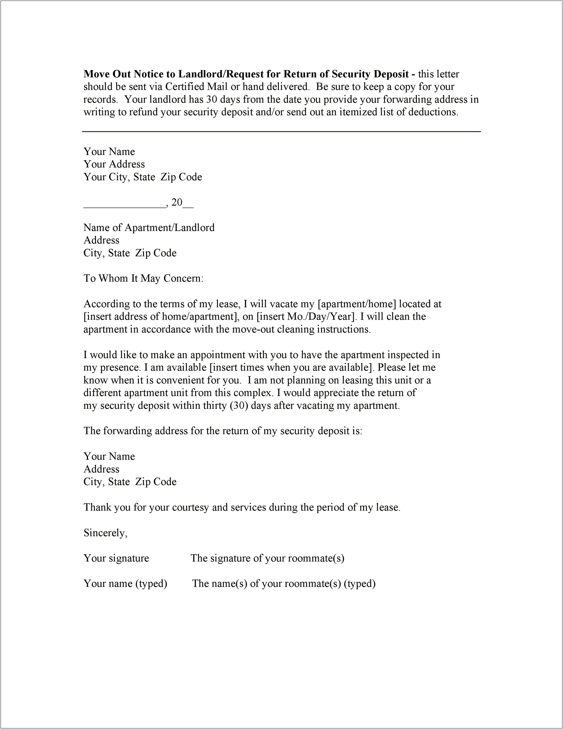 30 Day Notice To Move Out Letter Template