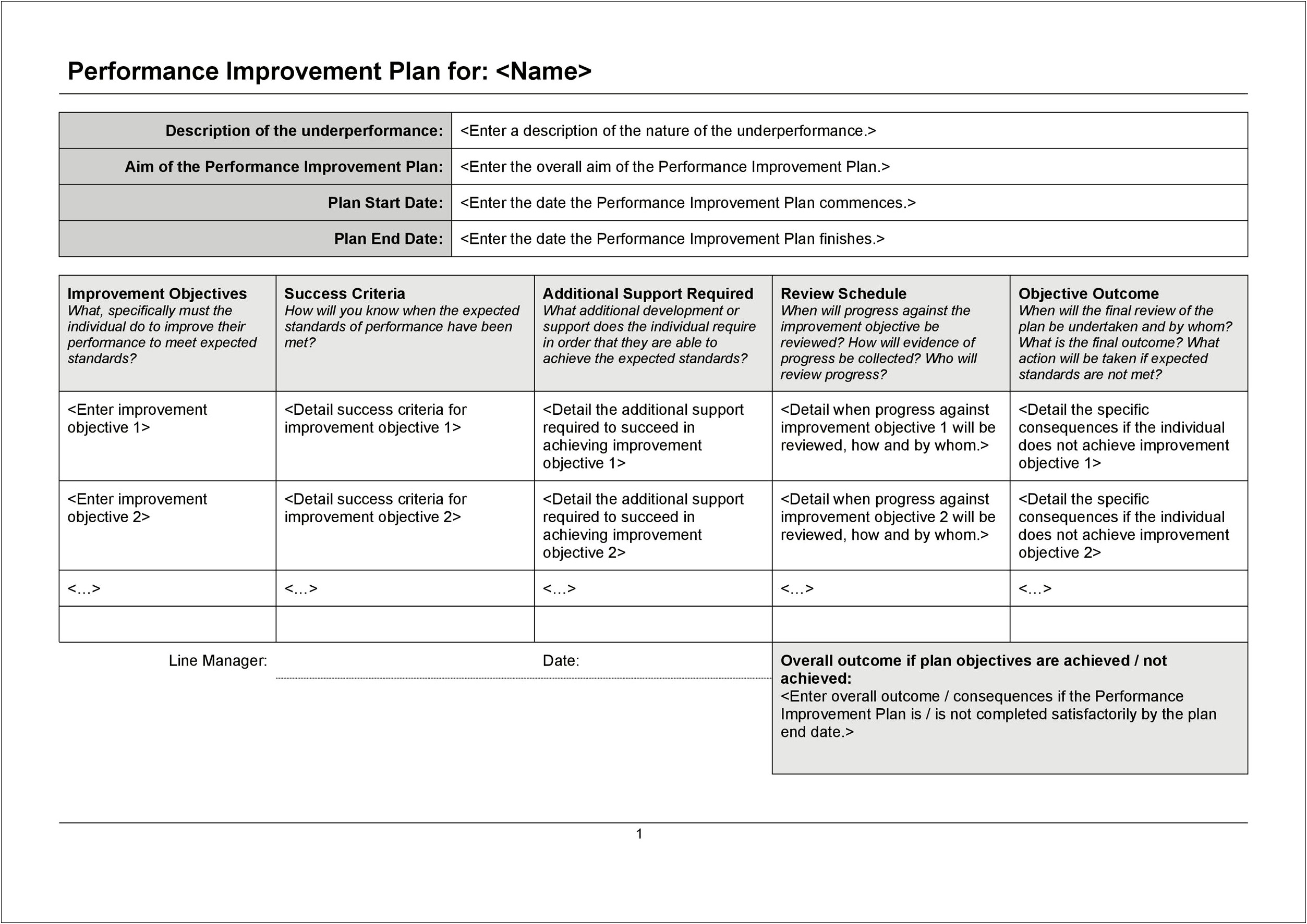 30 Day Performance Action Plan Template