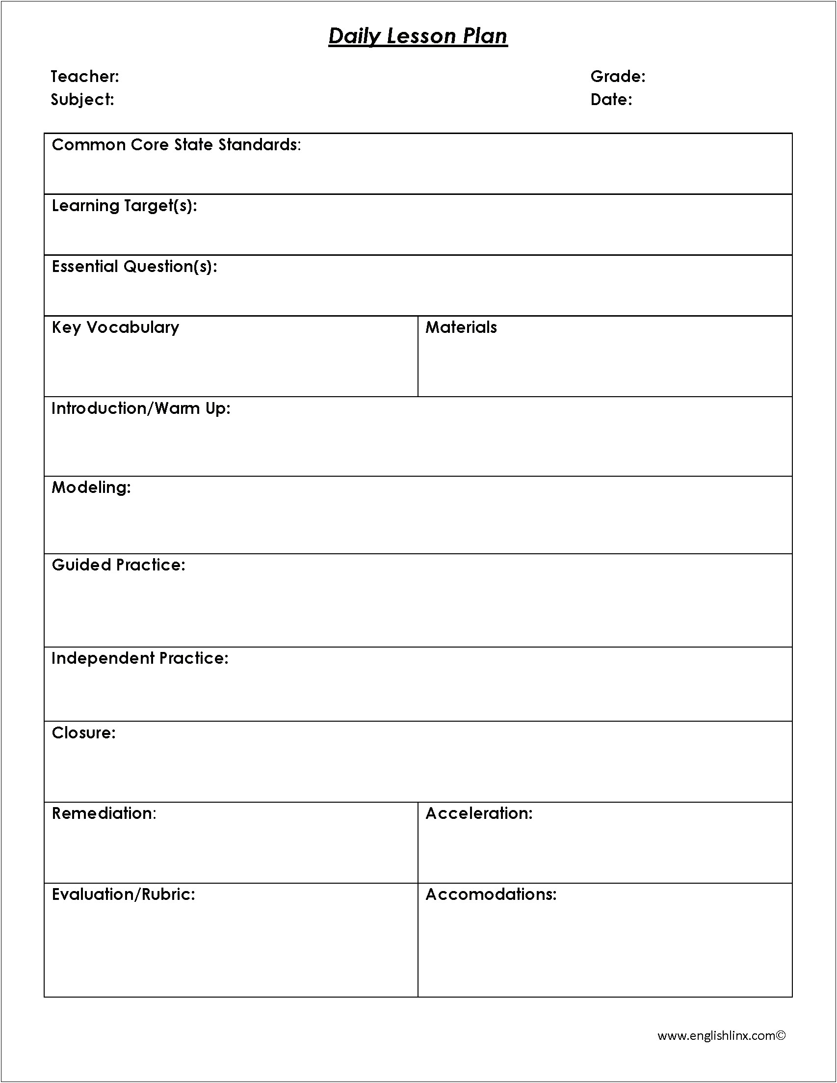 4th Grade Lesson Plan Template Common Core