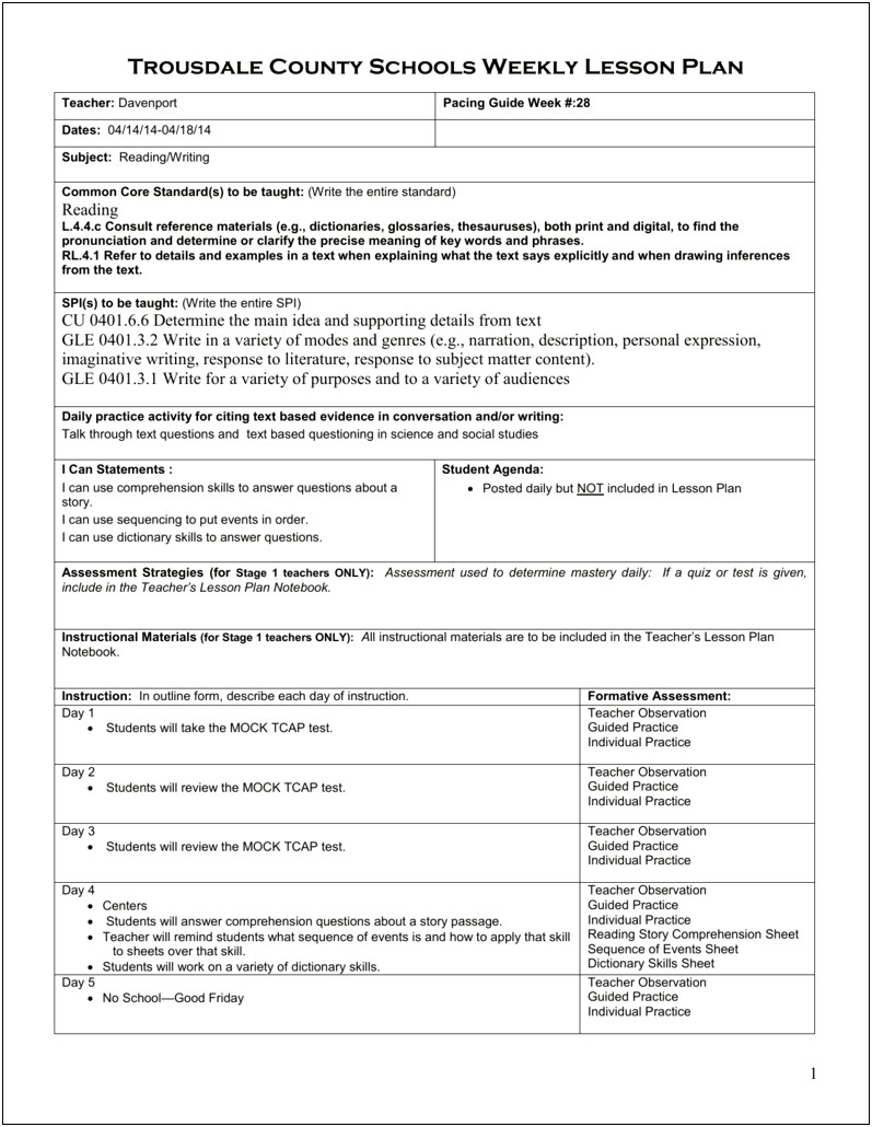 5 Day Guided Reading Lesson Plan Template Mcps