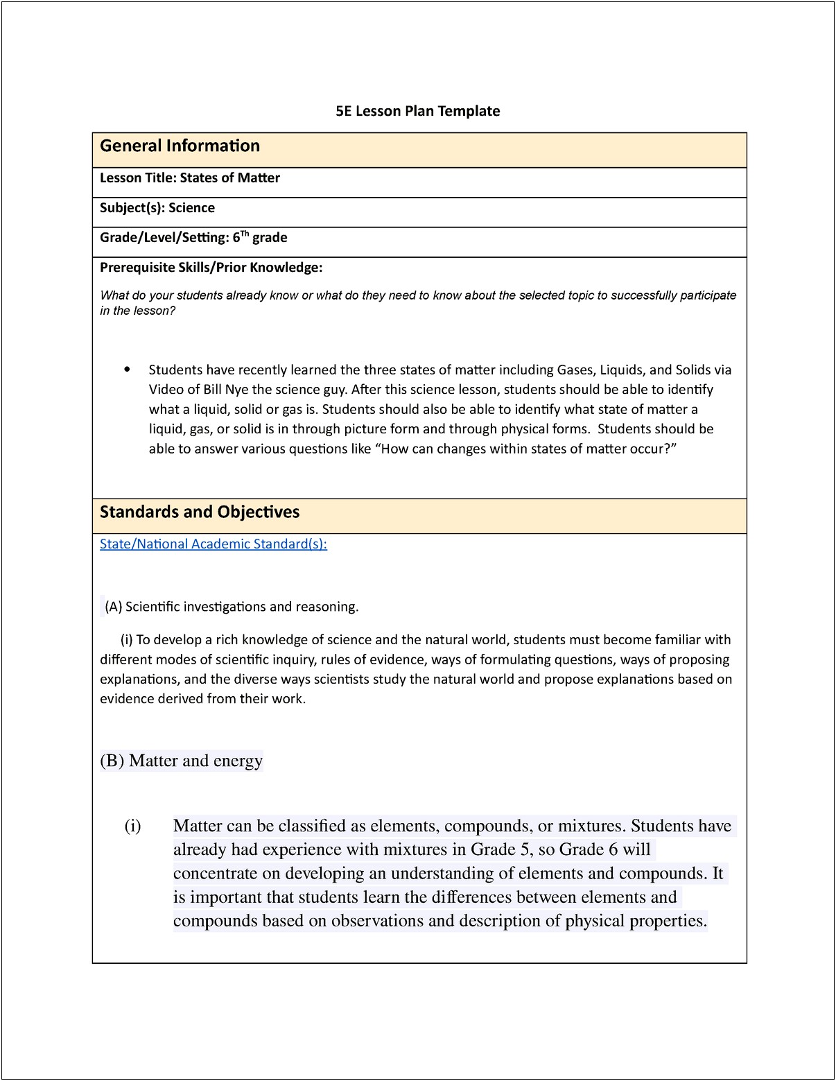 5 E Lesson Plan Template Science