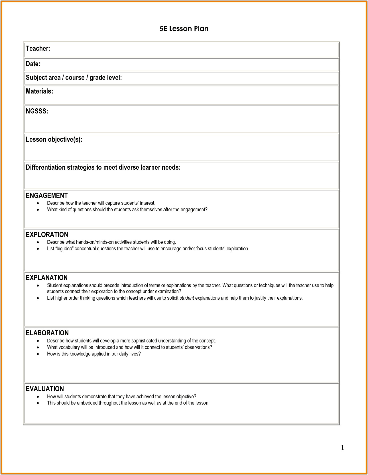 5e Lesson Plan Template Middle School Science