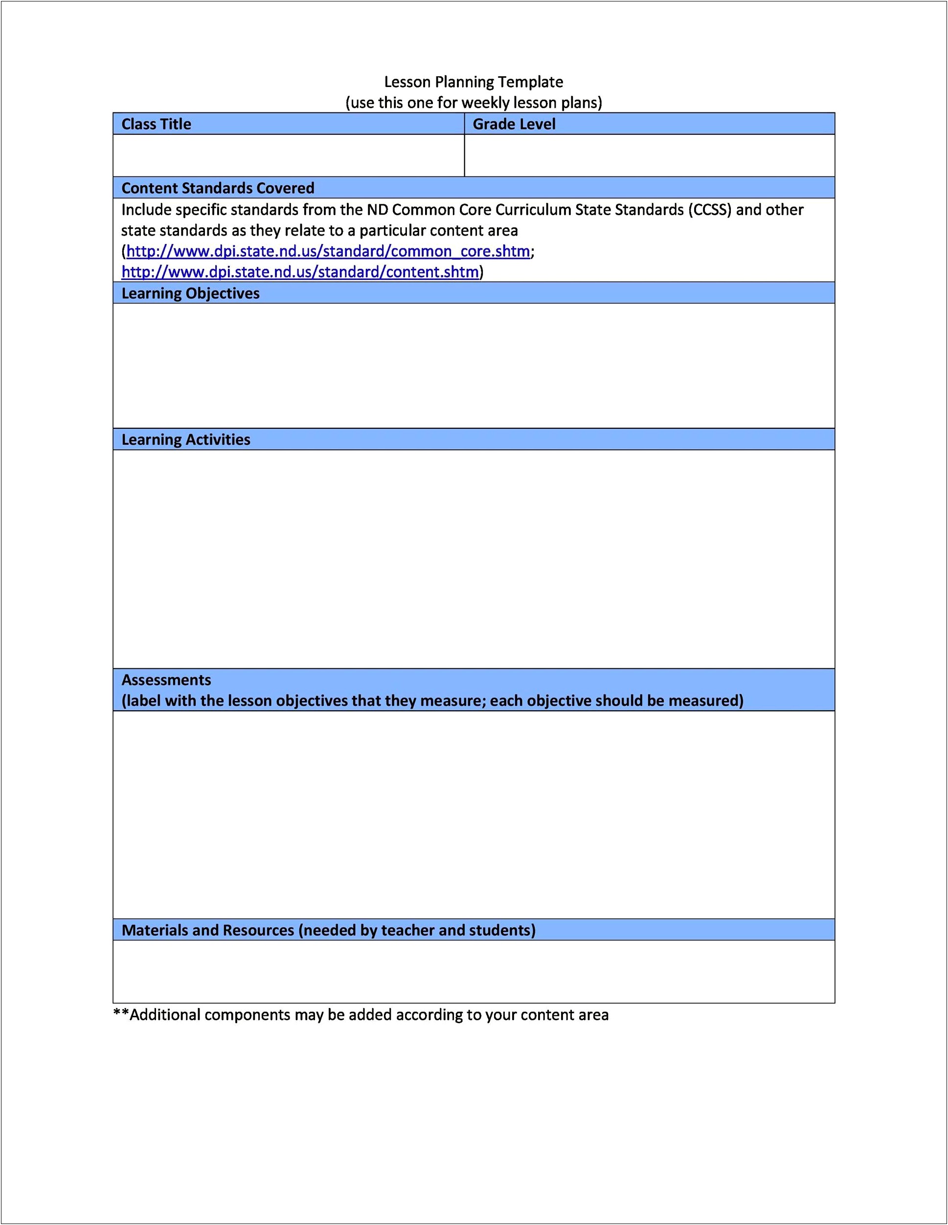 5th Grade Common Core Lesson Plan Template