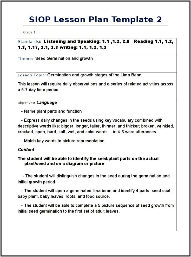 5th Grade Esl Lesson Plan Template Siop