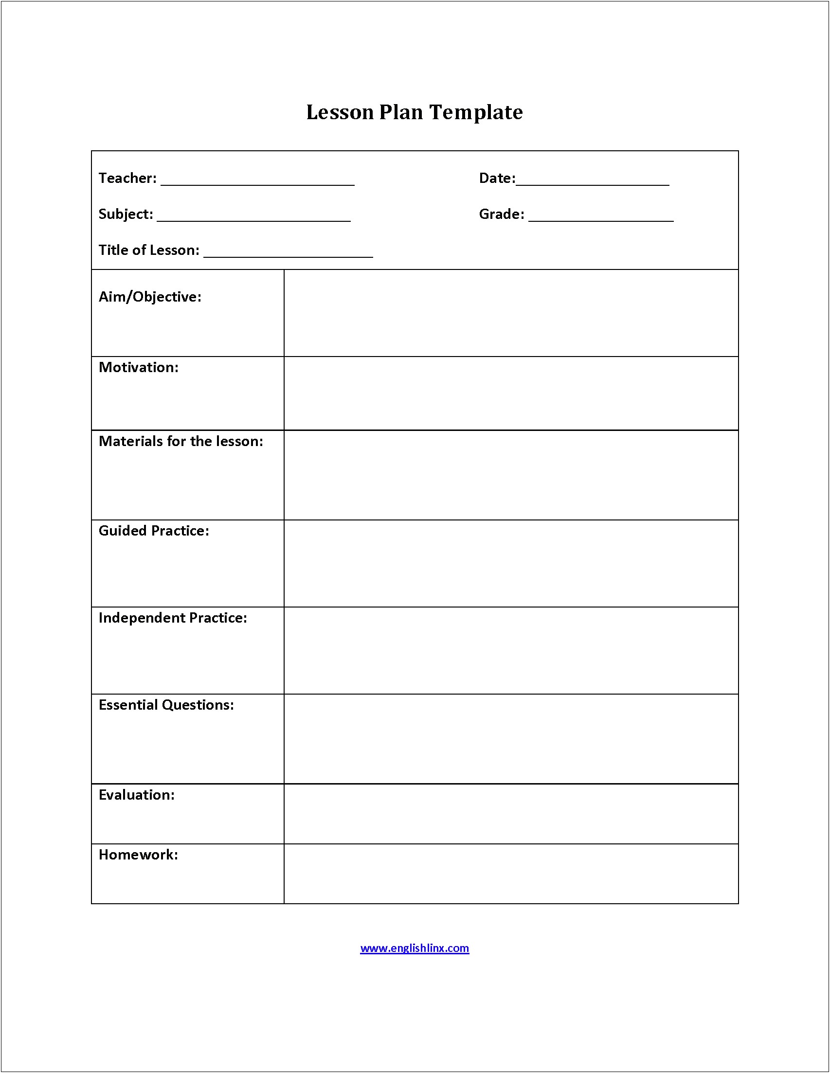 5th Grade Weekly Lesson Plan Template