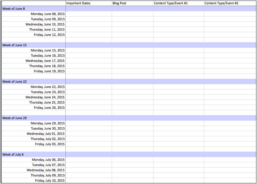 6 Weeks Planning Calendar Template Excel