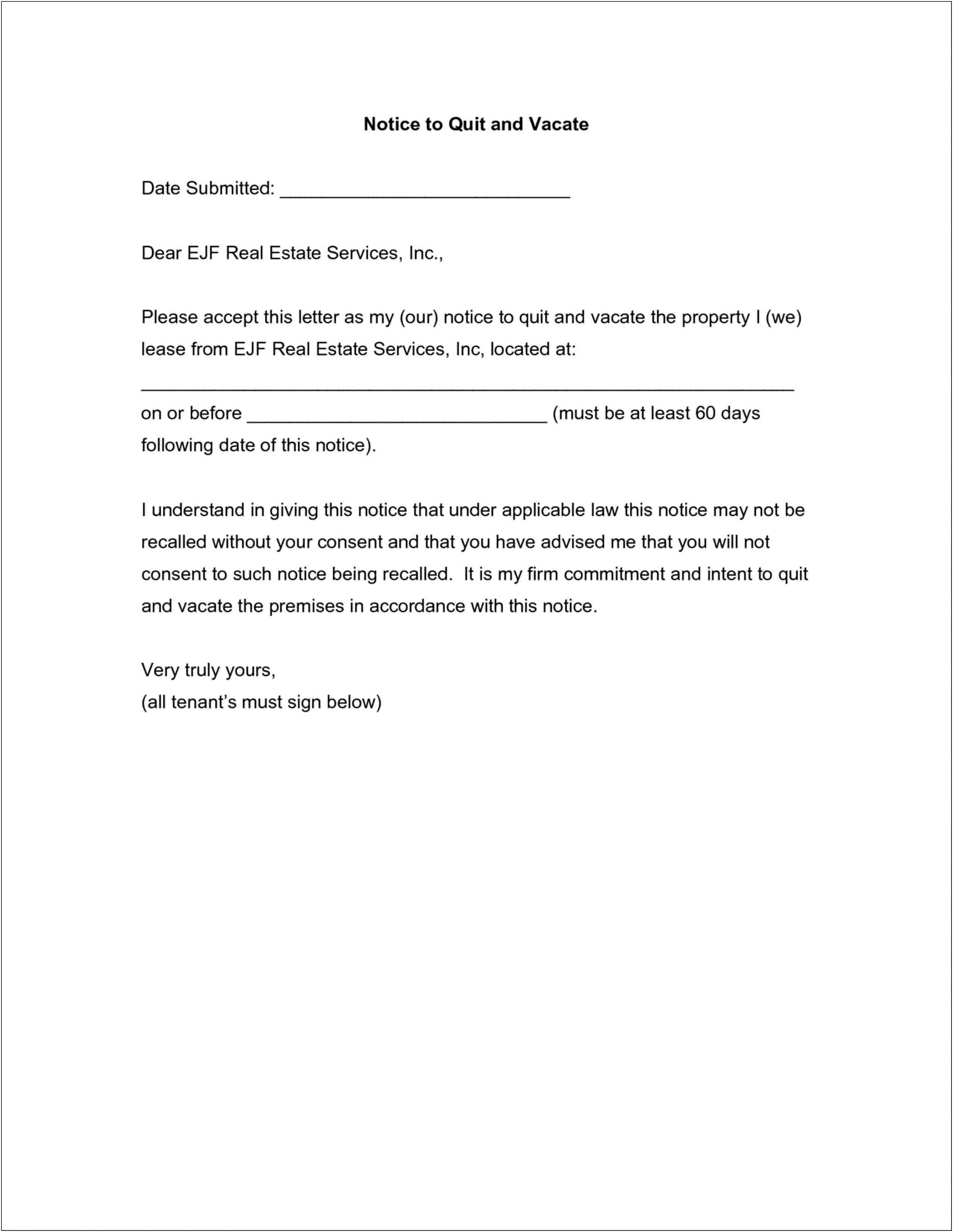 60 Day Notice Letter To Landlord Template