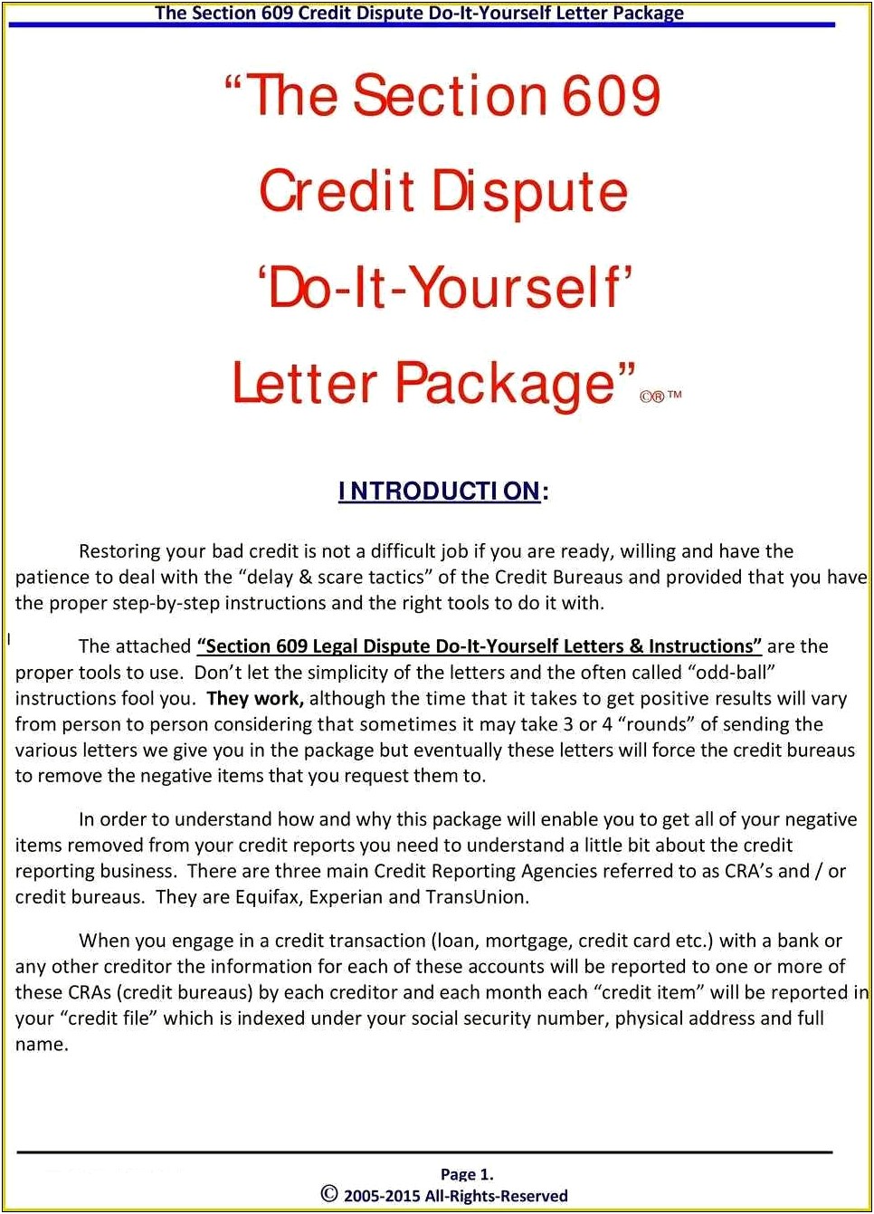 609 Dispute Letter To Credit Bureau Template