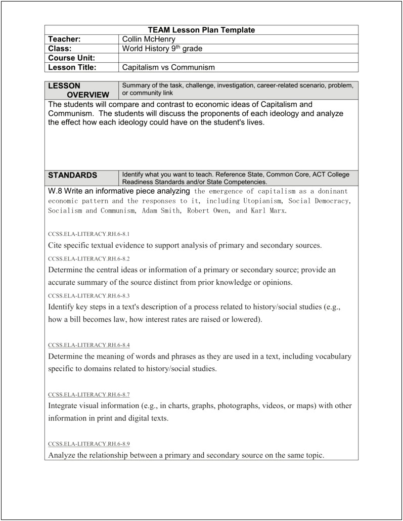 7th Grade Ela Standards Lesson Plan Template