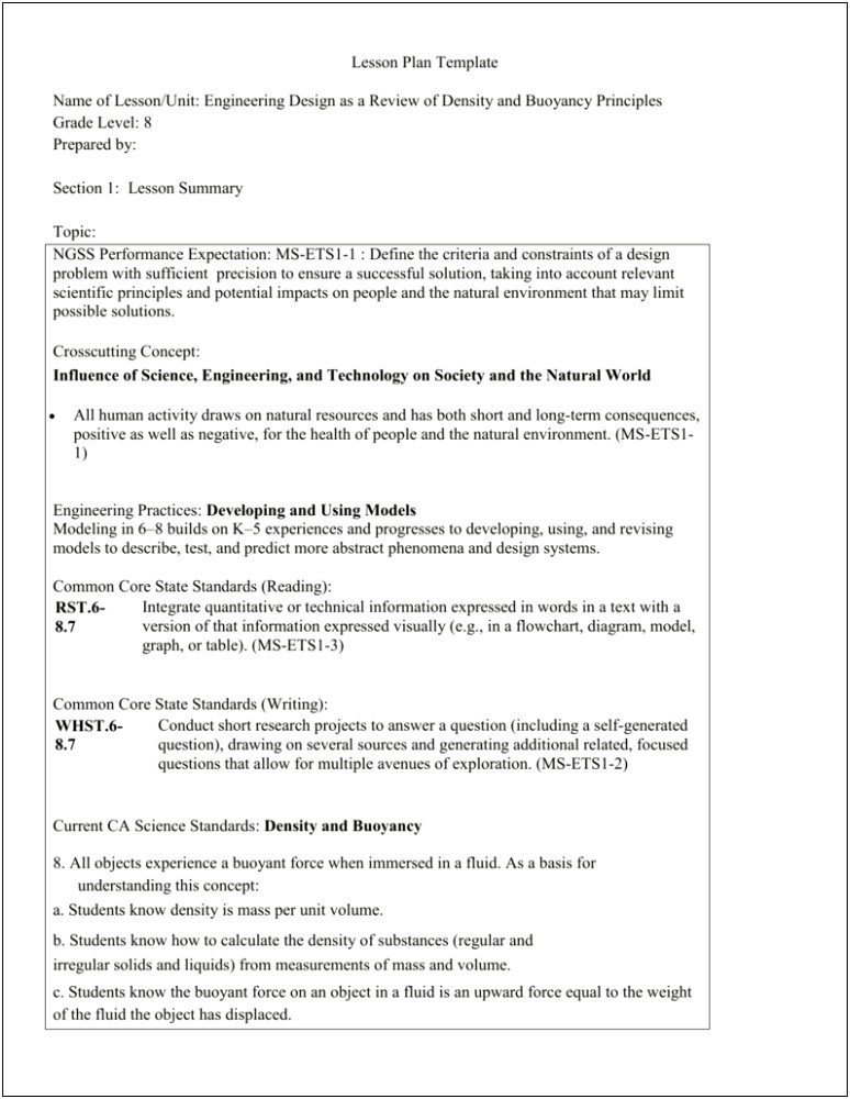 8th Grade Science Lesson Plan Template Middle School