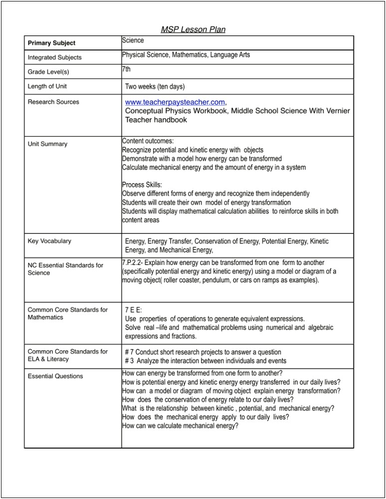 8th Grade Science Lesson Plan Template