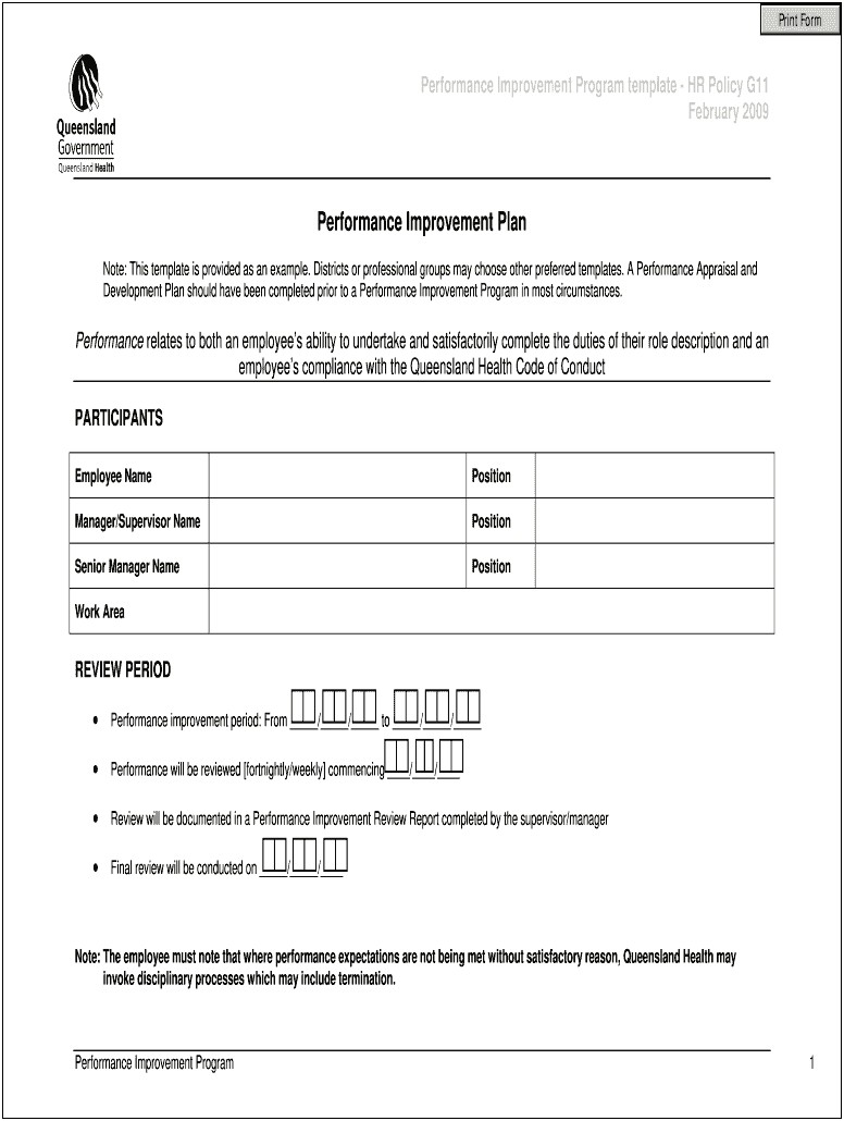 90 Day Performance Improvement Plan Template