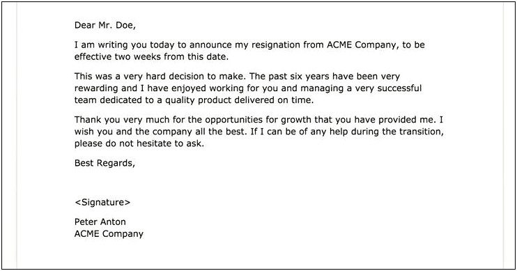 A Good Two Week Resignation Letter Template