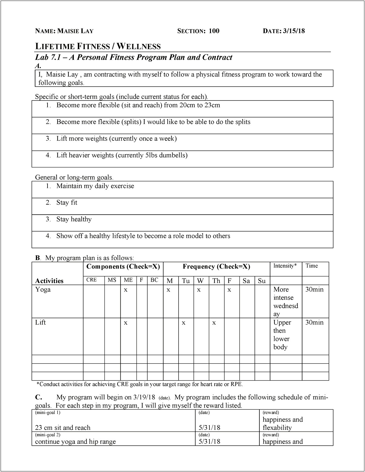 A Personal Fitness Program Plan And Agreement Template