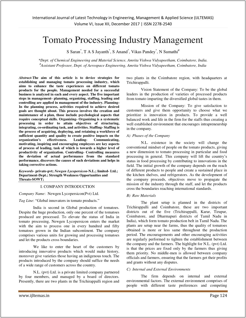 A Sample Tomato Processing Plant Business Plan Template