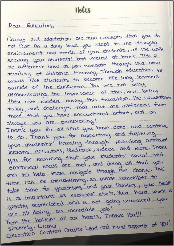 A Thank You Letter To My Teacher Template