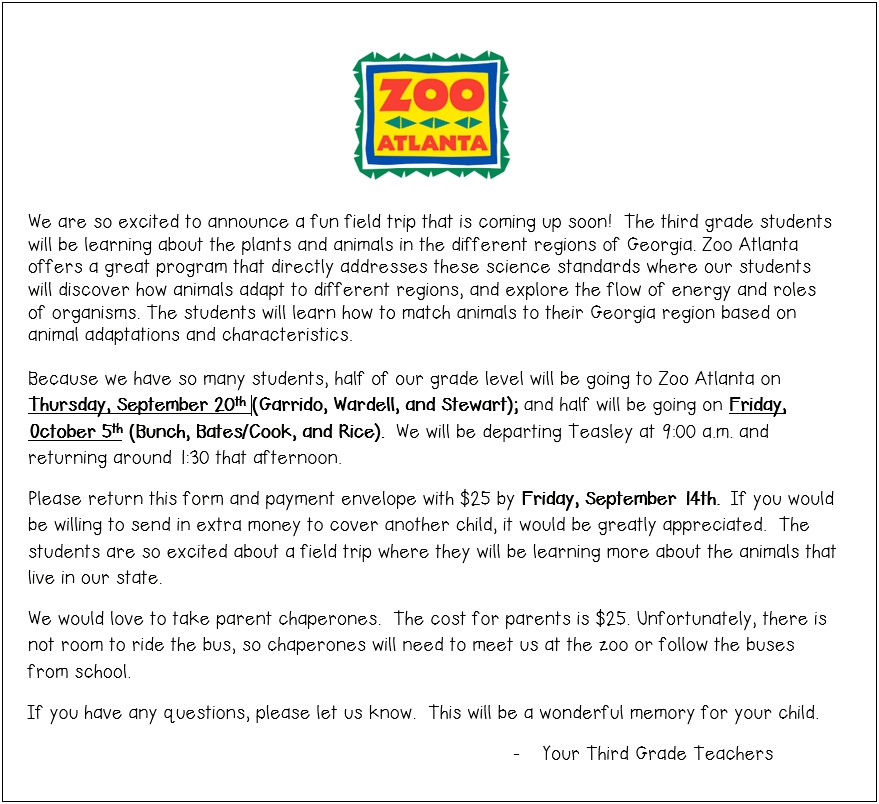 Academic Field Trip Letter To Parents Template