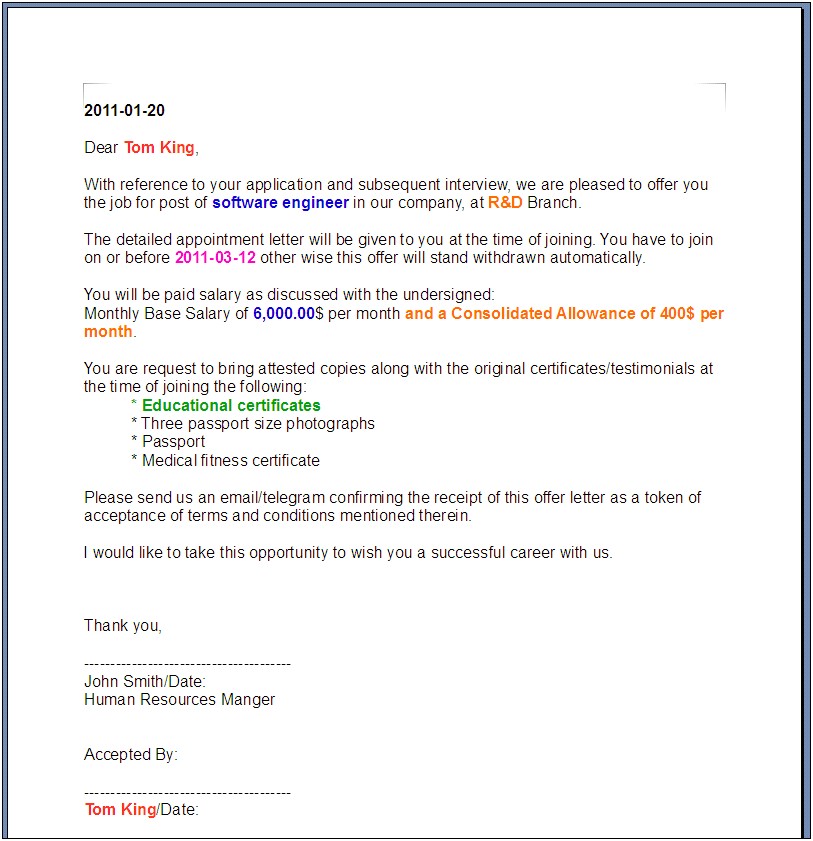 Acceptance Letter For A Job Offer Template
