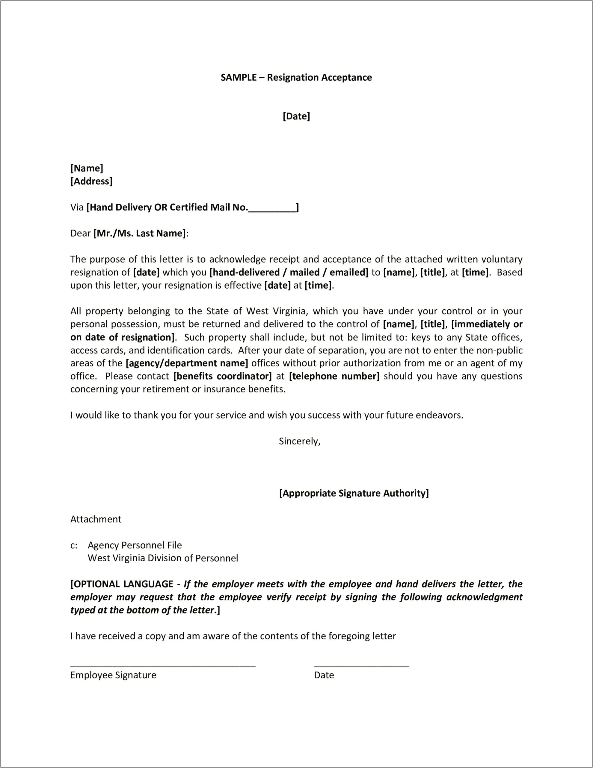 Acceptance Of A Resignation Letter Template