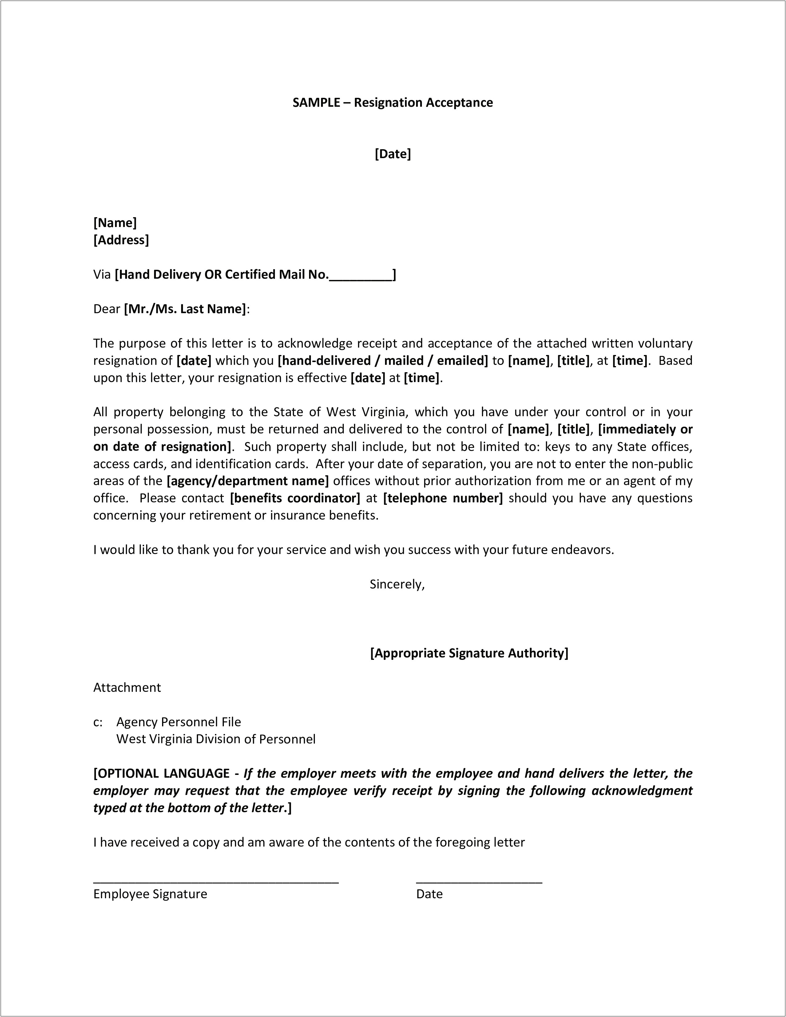 Acceptance Of A Resignation Letter Template