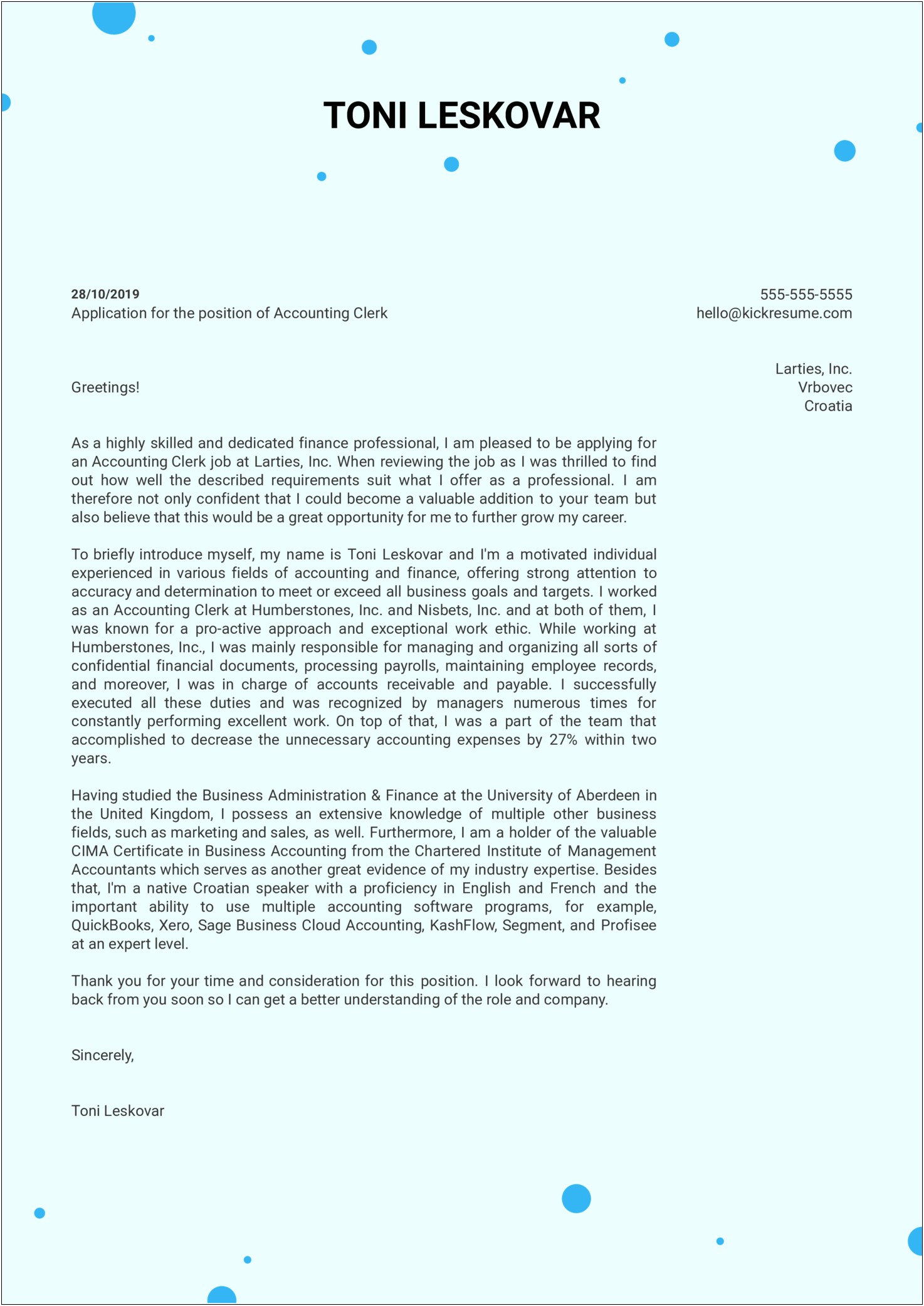 Accounts Receivable Specialist Cover Letter Template