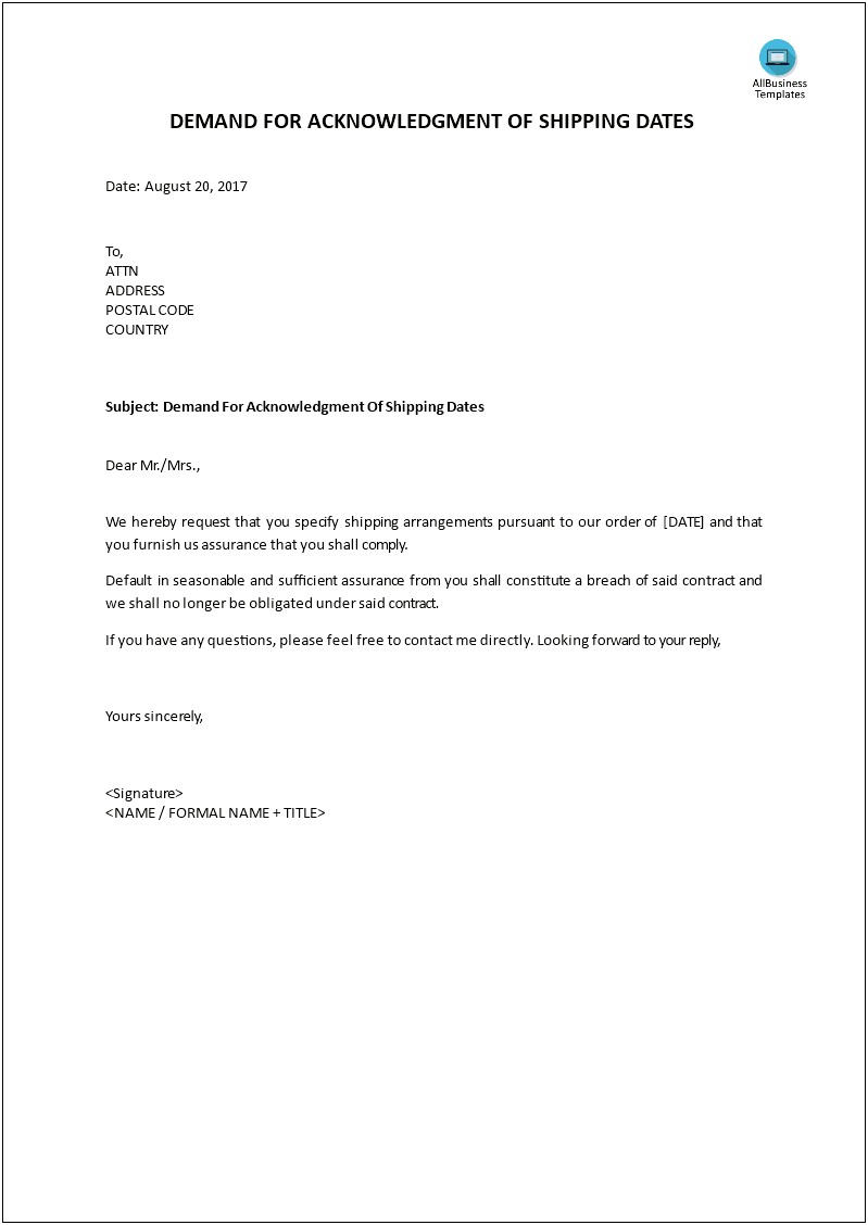 Acknowledgement Letter Template For Material Delivery