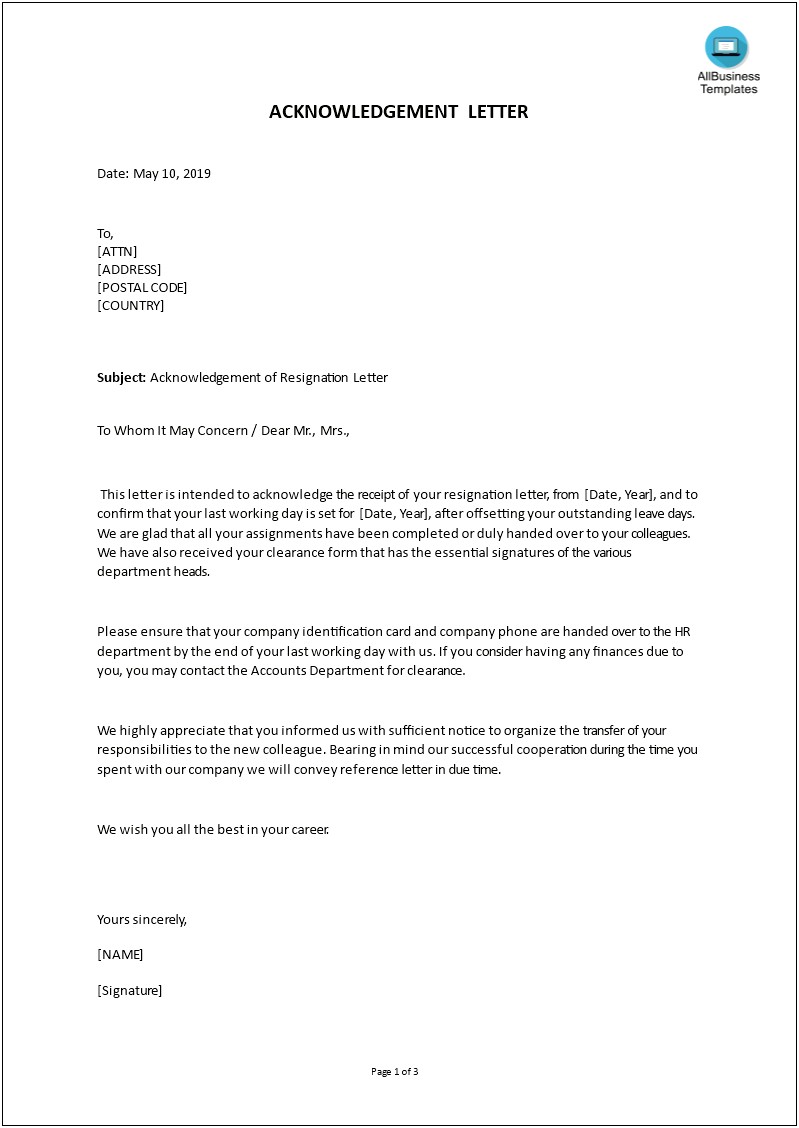 Acknowledgement Of Resignation Letter Template Uk