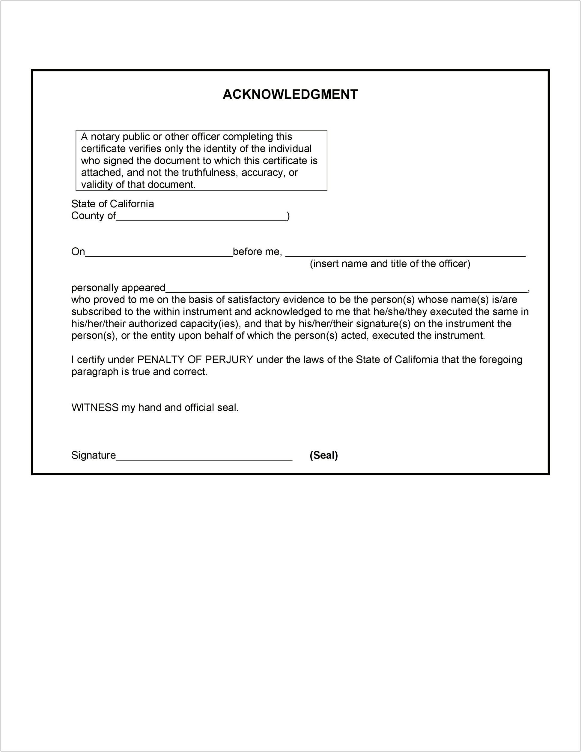 Acknowledgment Template For Notary To Add To Letter