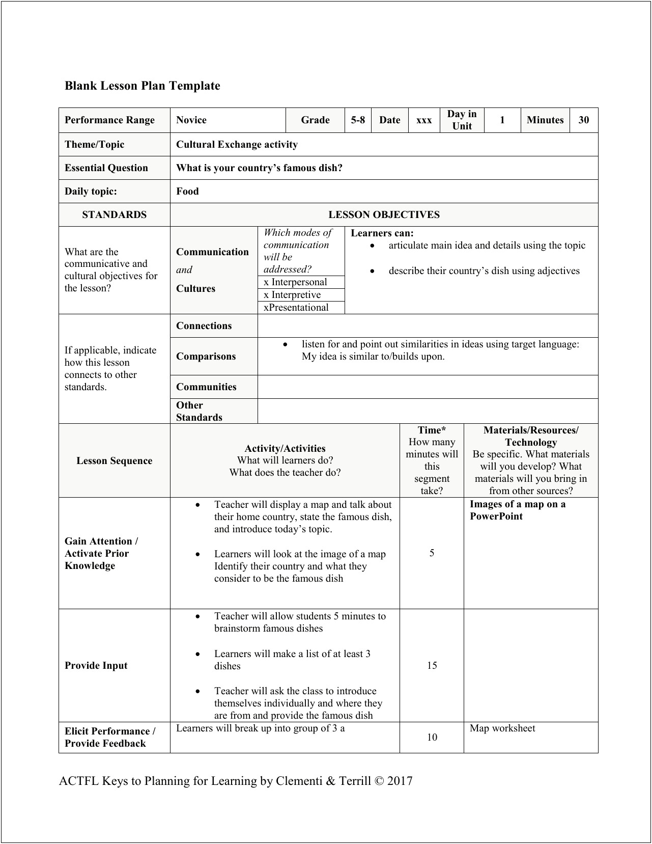 Actfl Lesson Plan Template To Be Filled In