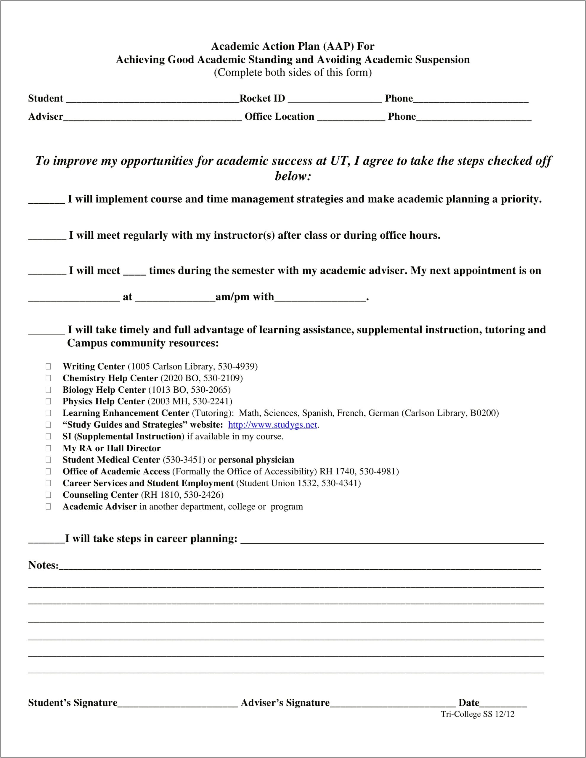 Action Plan Template For College Students