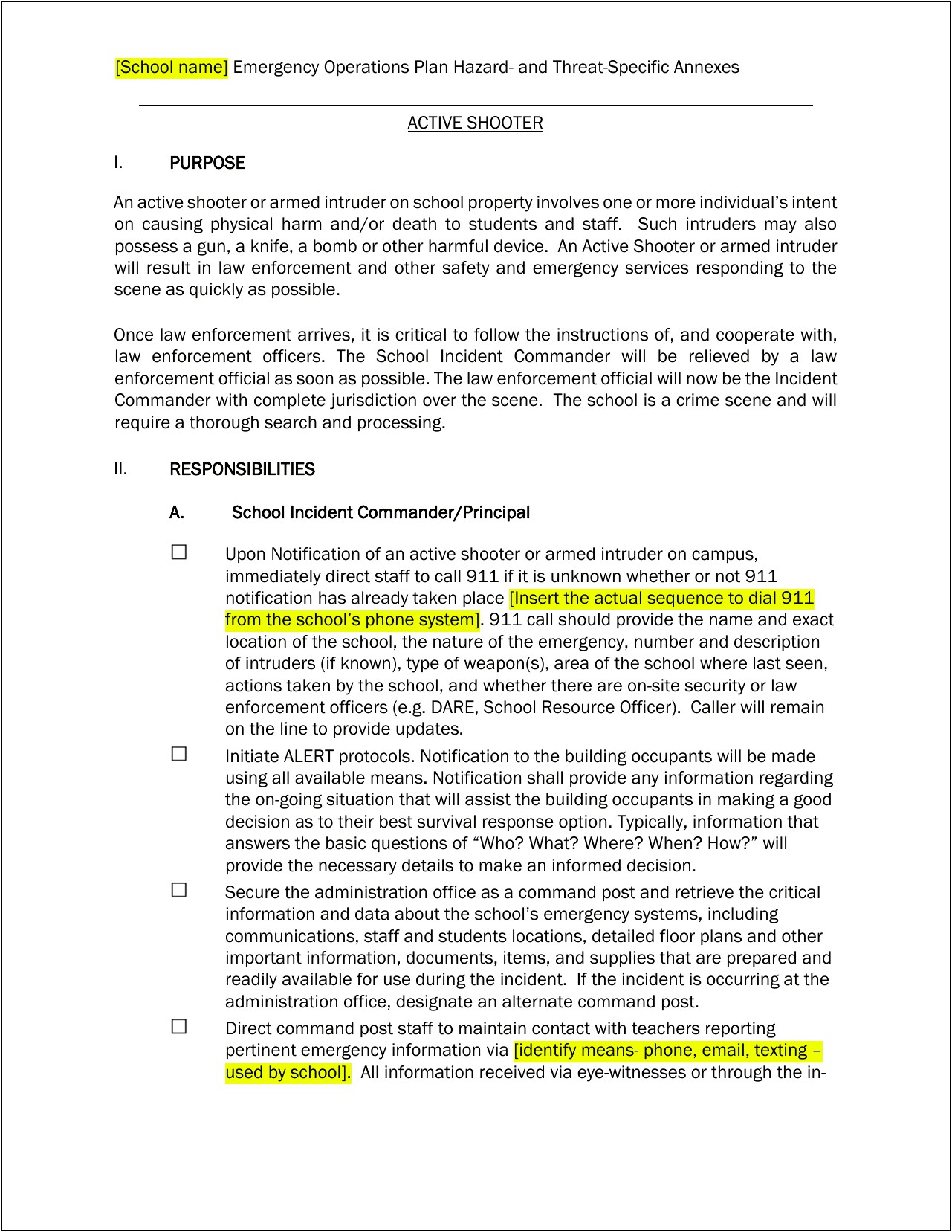 Active Shooter Plan Template For Schools