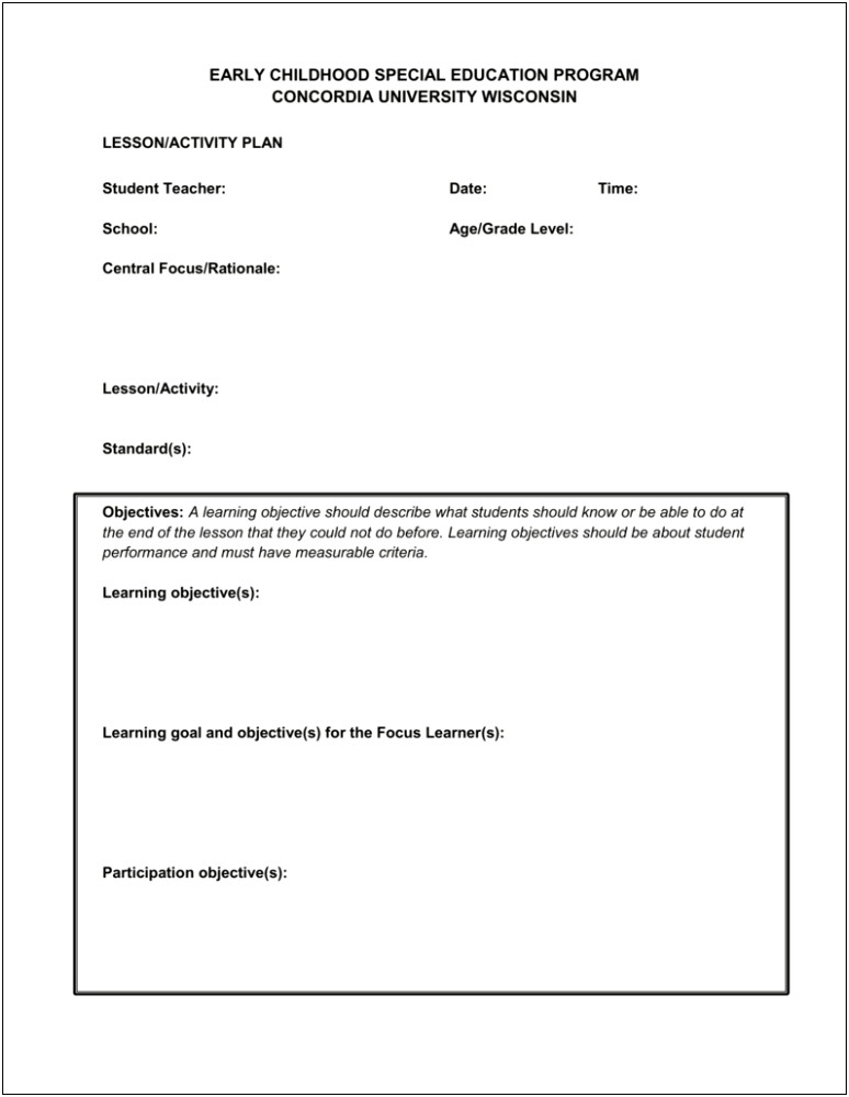 Activity Plan Template For Early Childhood Education