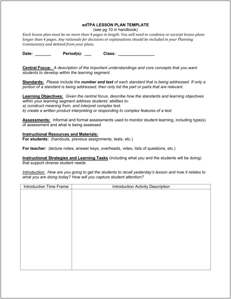 Activity Planning Sheet Template For Teachers