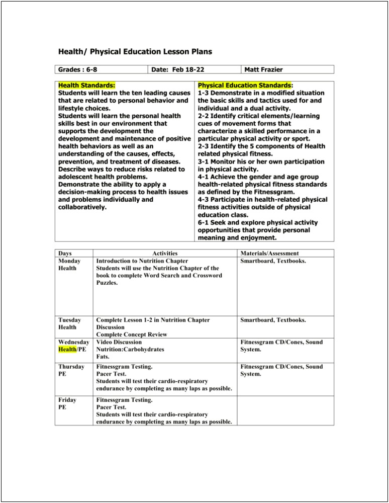 Adapted Physical Education Lesson Plan Template