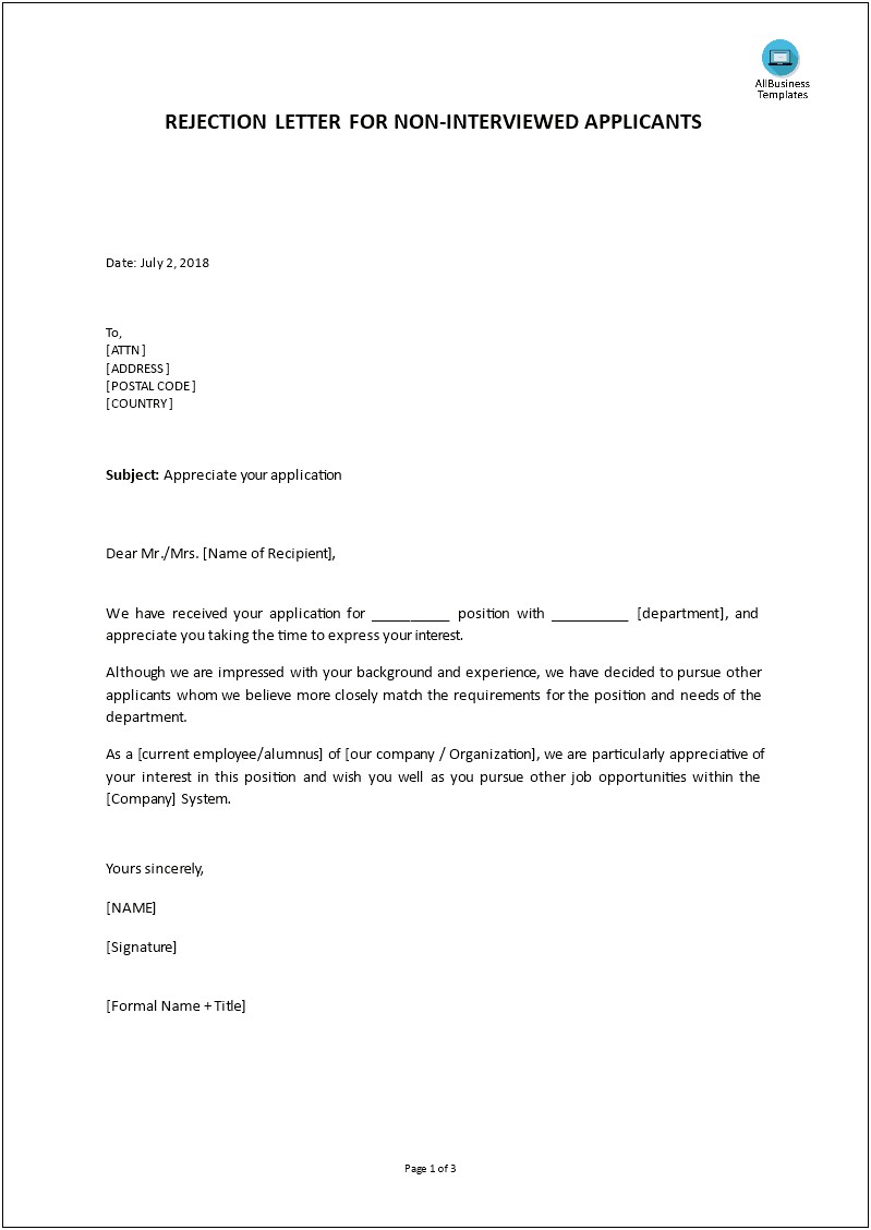 Advice To Successful Applicant Letter Template