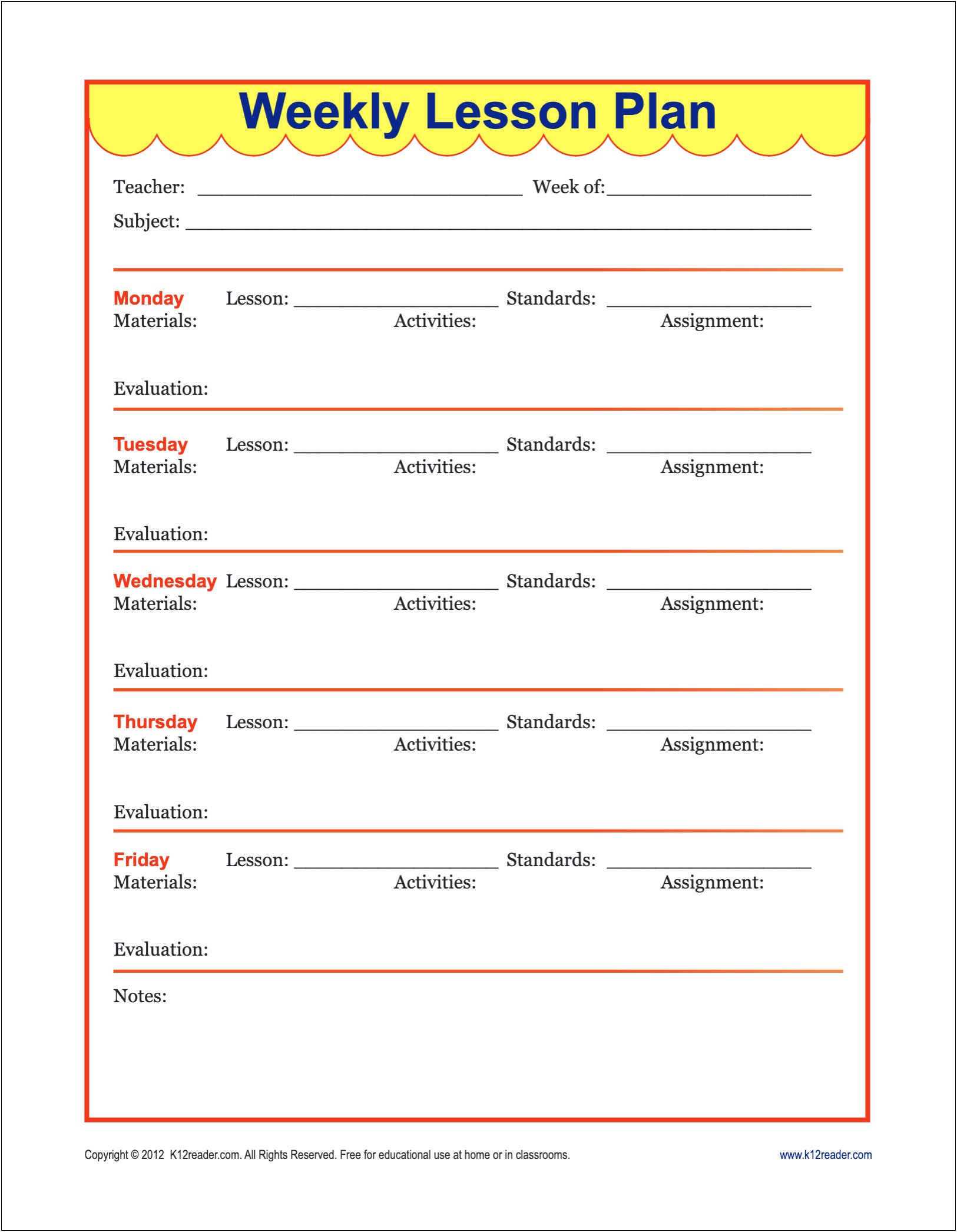 After School Weekly Lesson Plan Template