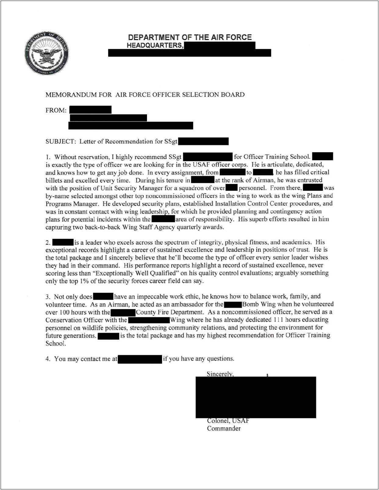 Air Force Ots Letter Of Recommendation Template