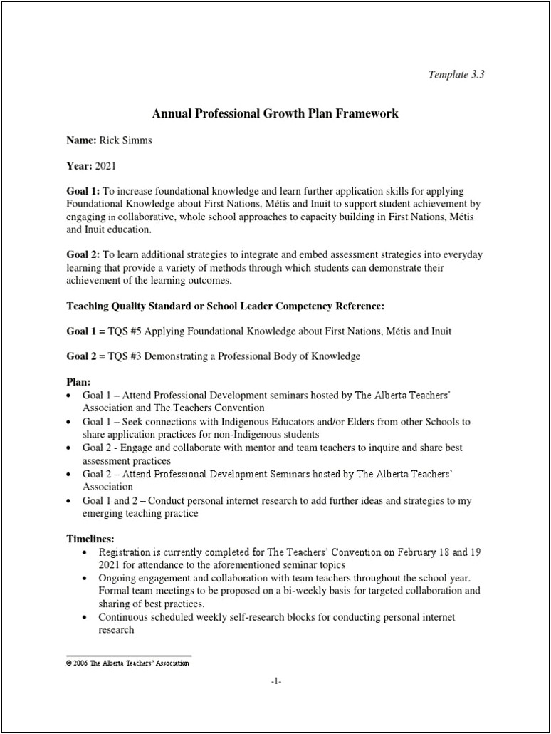 Alberta Education Professional Growth Plan Template