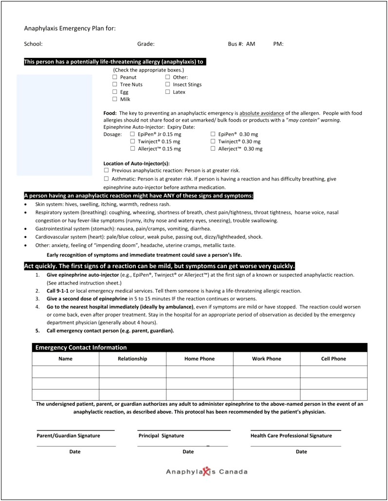 Allergy And Anaphylaxis Emergency Plan Template