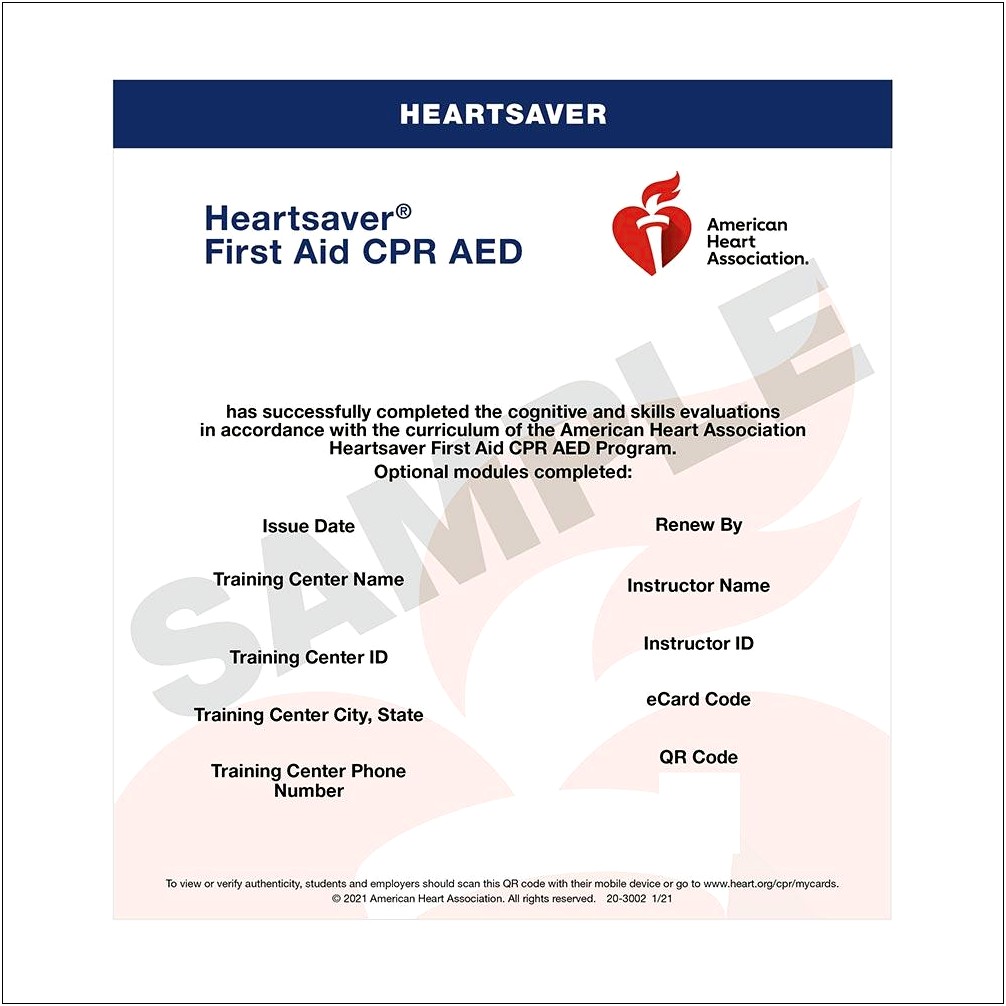 American Heart Association Heartsaver Cpr Card Template