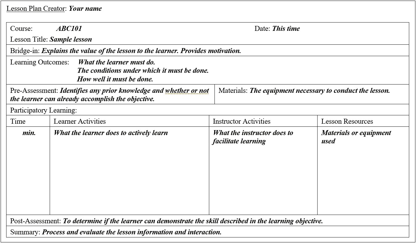 An Example Of A Lesson Plan Template