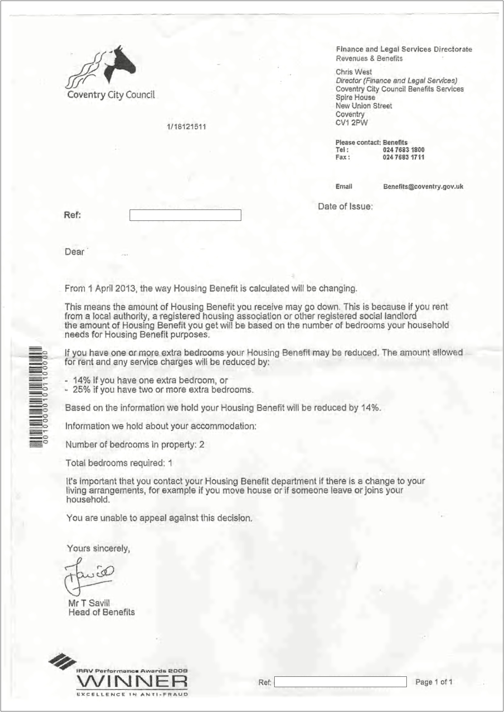 Appeal Housing Benefit Decision Letter Template