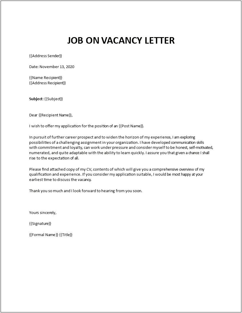 Application Letter For Job Vacancy Template