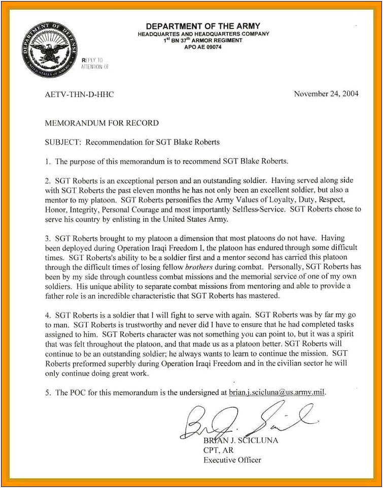 Army Ados Letter Of Recommendation Template